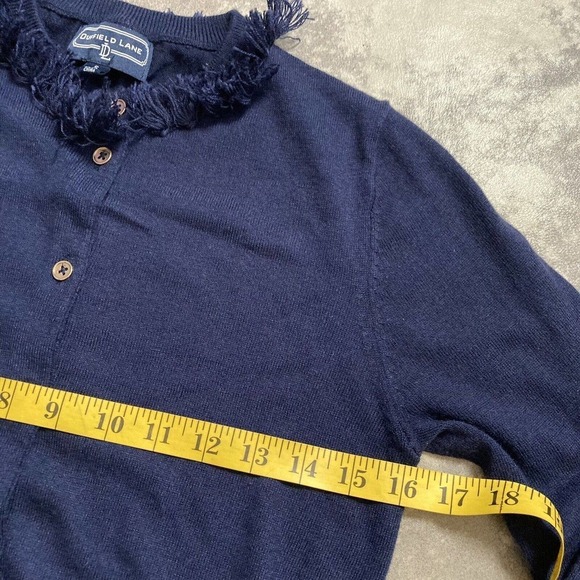 Duffield lane navy button cardigan size small cashmere blend fringe neckline - Picture 4 of 10